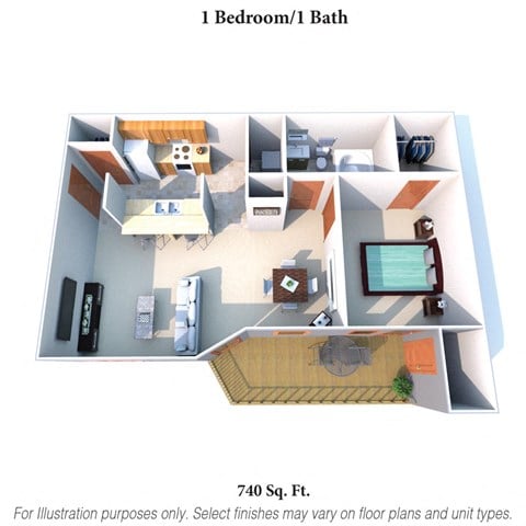Floor plan for 1 bed, 1 bath, 740 sqft